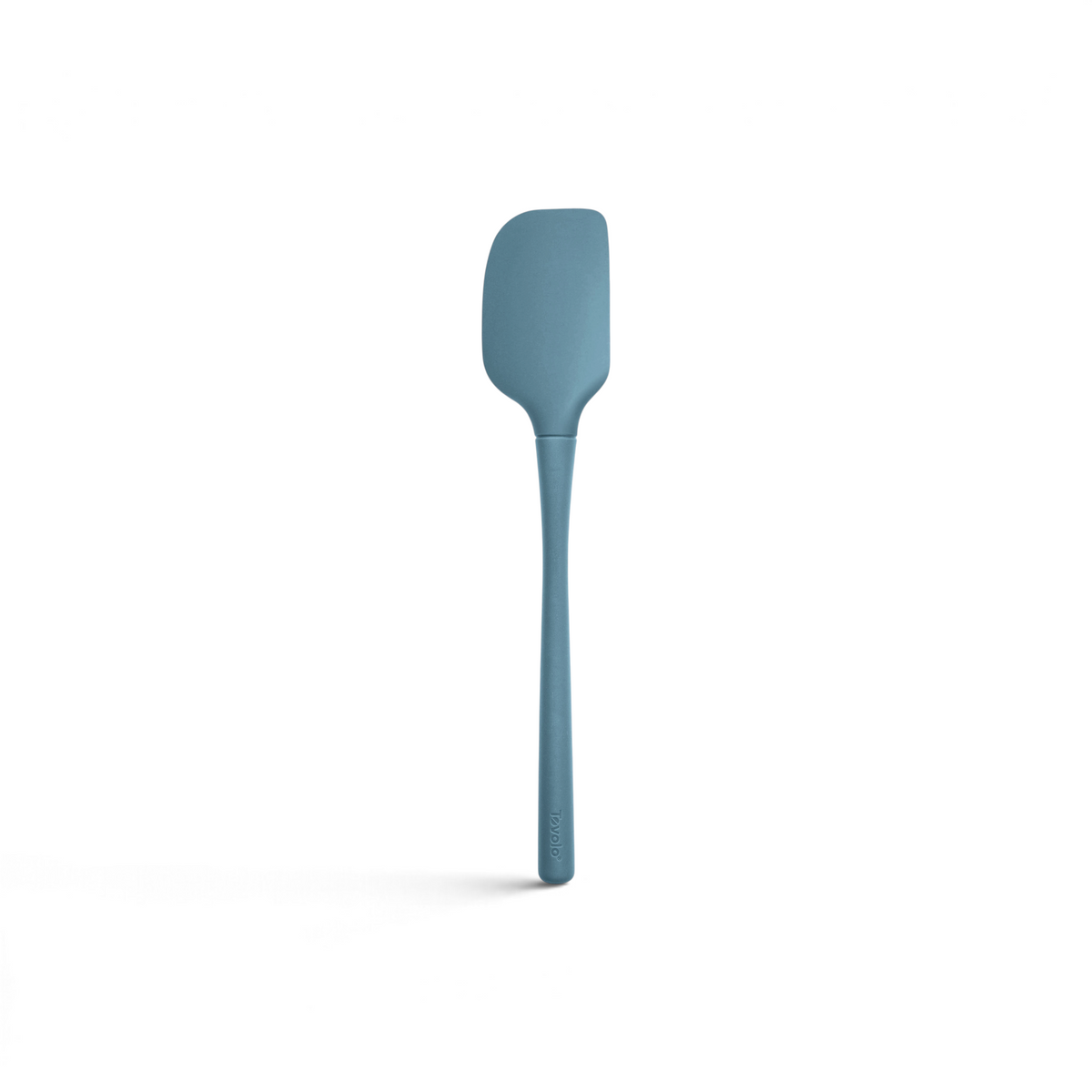 The tovolo Flex-Core Silicone Spatula features a blue, long handle and a slightly curved, rectangular blade, displayed against a white background.
