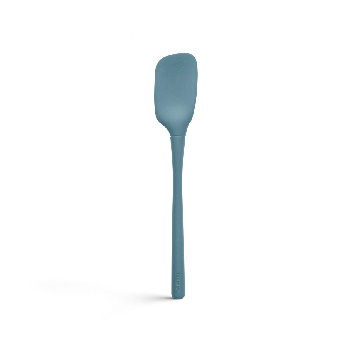 The tovolo Flex-Core Silicone Spoonula, featuring a blue silicone design with a long handle and rectangular, slightly curved head, is displayed against a white background.