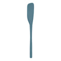 The tovolo Flex-Core Silicone Jar Scraper is a long, slender blue spatula with a rounded, curved blade and narrow handle—ideal for kitchen tasks or scraping jars, shown isolated on white.