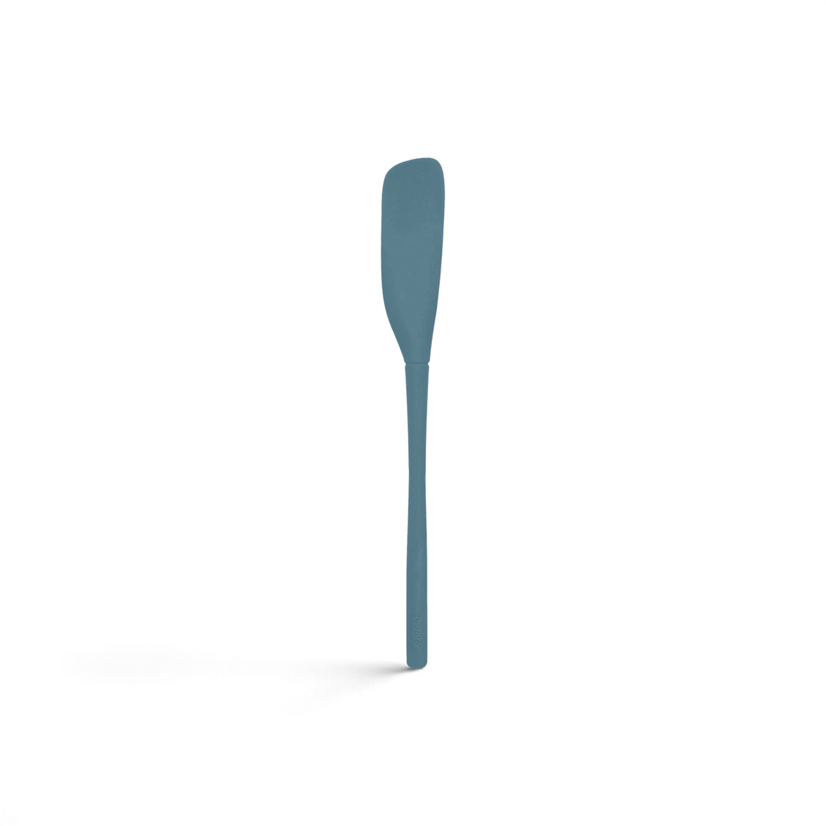 The tovolo Flex-Core Silicone Jar Scraper is a long, slender blue spatula with a rounded, curved blade and narrow handle—ideal for kitchen tasks or scraping jars, shown isolated on white.