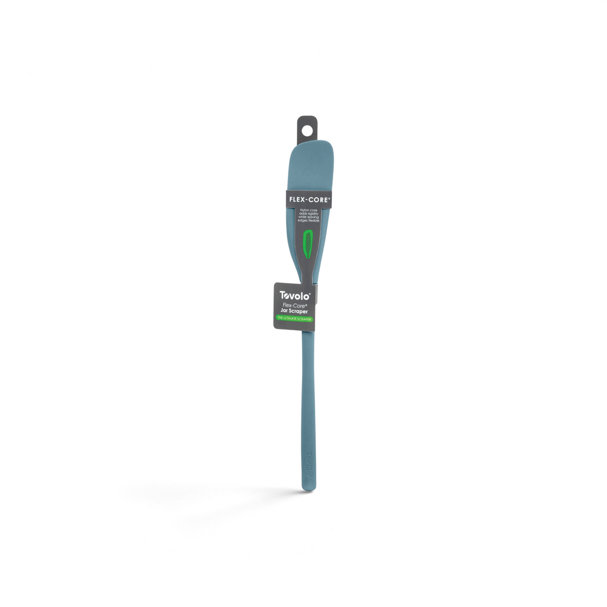 The tovolo Flex-Core Silicone Jar Scraper is a blue kitchen tool with a long handle and product label, perfect for scraping jars and containers.