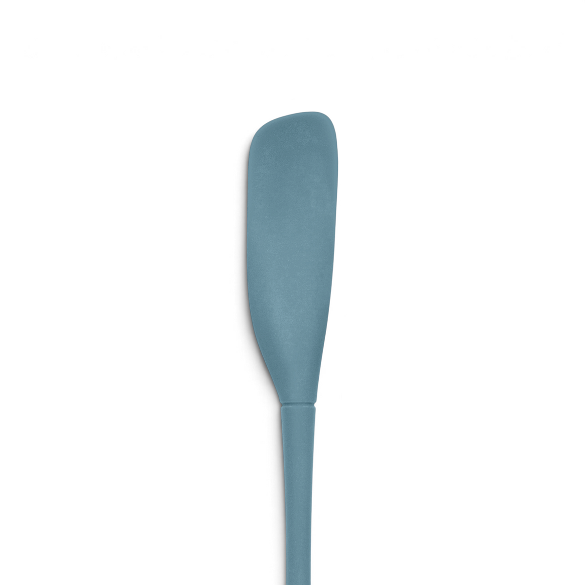 The tovolo Flex-Core Silicone Jar Scraper features a blue, narrow rounded blade, ideal for scraping jars or versatile kitchen use, displayed vertically on a white background.
