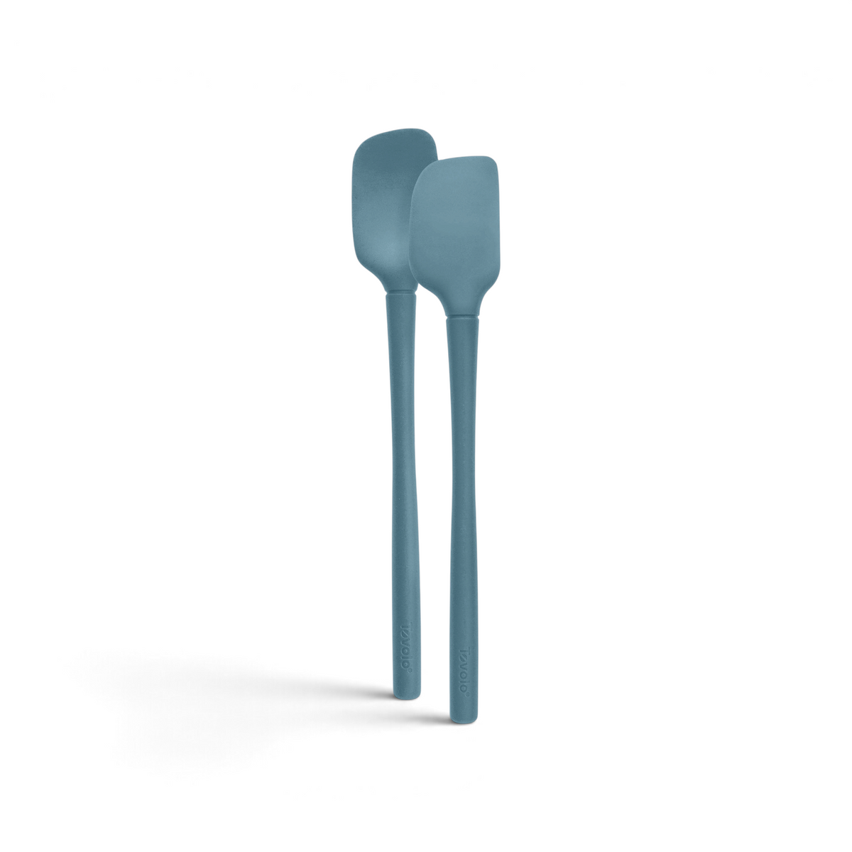 Two blue Tovolo Flex-Core Silicone Mini Spatula and Spoonula utensils are placed side by side on a white background.
