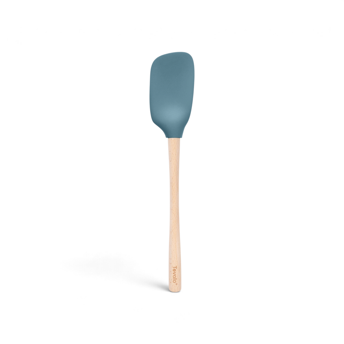 The tovolo Flex-Core Silicone Spoonula features a blue flexible head and a light wooden handle, displayed on a white background.