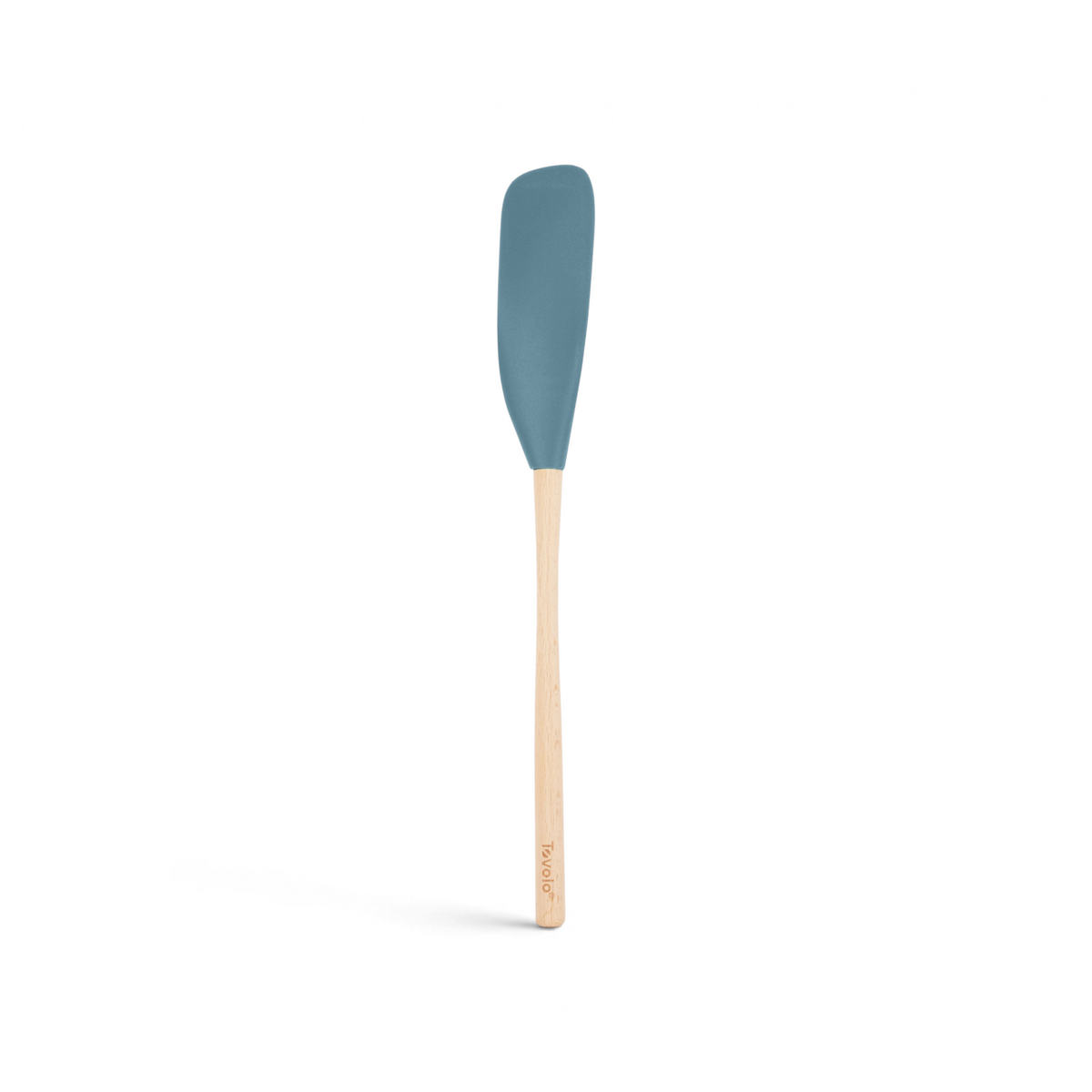 The tovolo Flex-Core Silicone Jar Scraper features a long wooden handle and blue silicone blade, making it a versatile kitchen tool or jar scraper. Photographed on a white background.