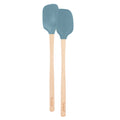 The tovolo Flex-Core Silicone Mini Spatula + Spoonula set features blue silicone heads and light wooden handles, displayed side by side on a white background.