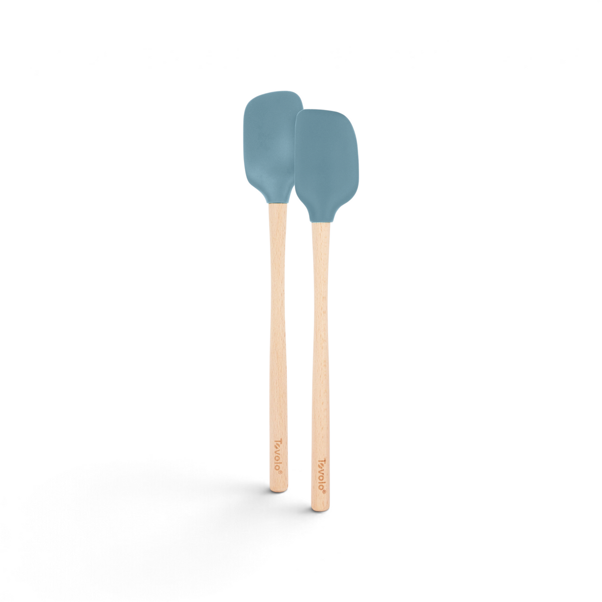 The tovolo Flex-Core Silicone Mini Spatula + Spoonula set features blue silicone heads and light wooden handles, displayed side by side on a white background.