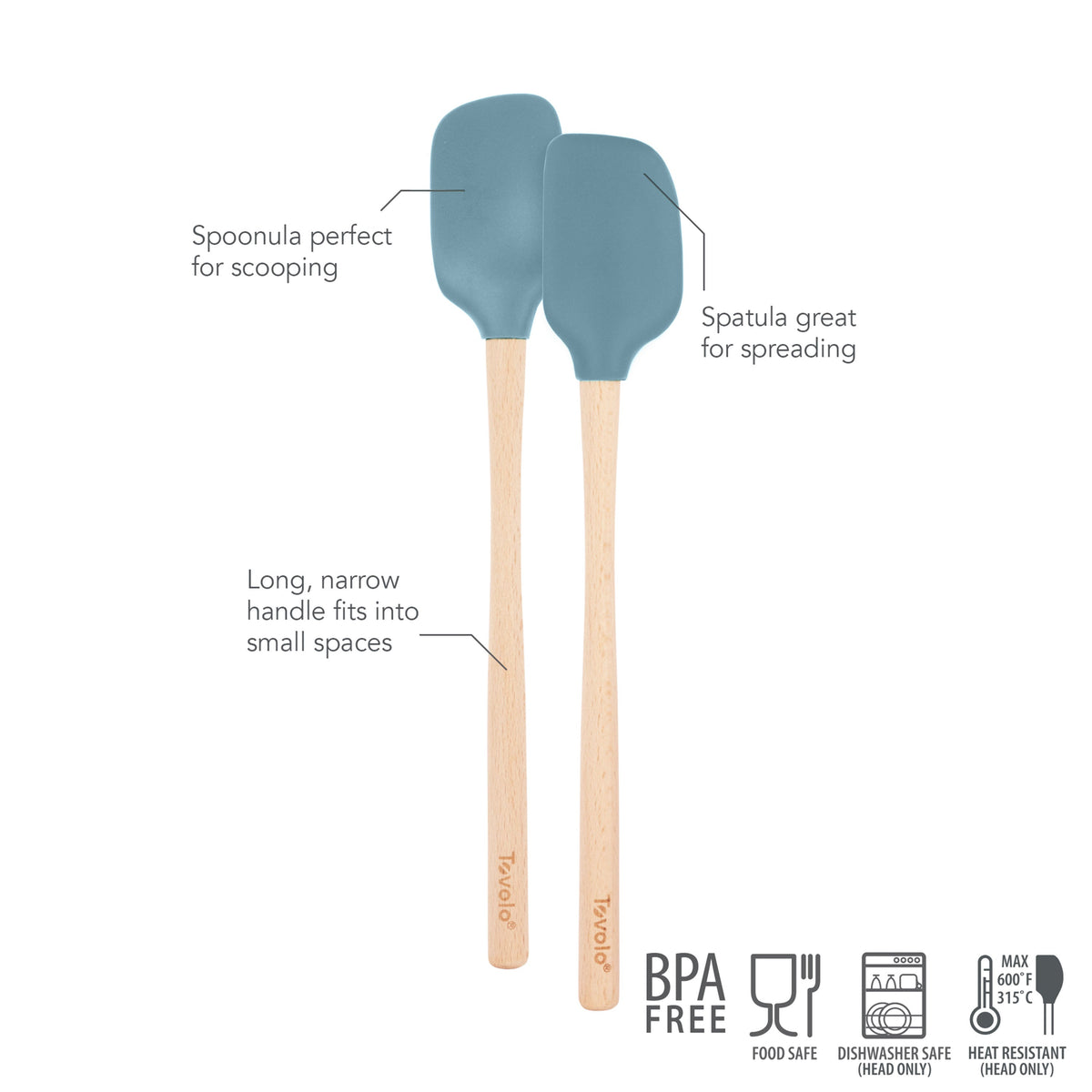 The tovolo Flex-Core Silicone Mini Spatula + Spoonula set includes two blue, heat-resistant utensils with wooden, long handles—one for scooping, one for spreading. Safety icons appear at the bottom.