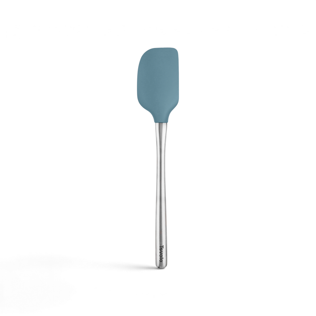 The Flex-Core Spatula, featuring a blue silicone head and a long stainless steel handle, is displayed against a white background.