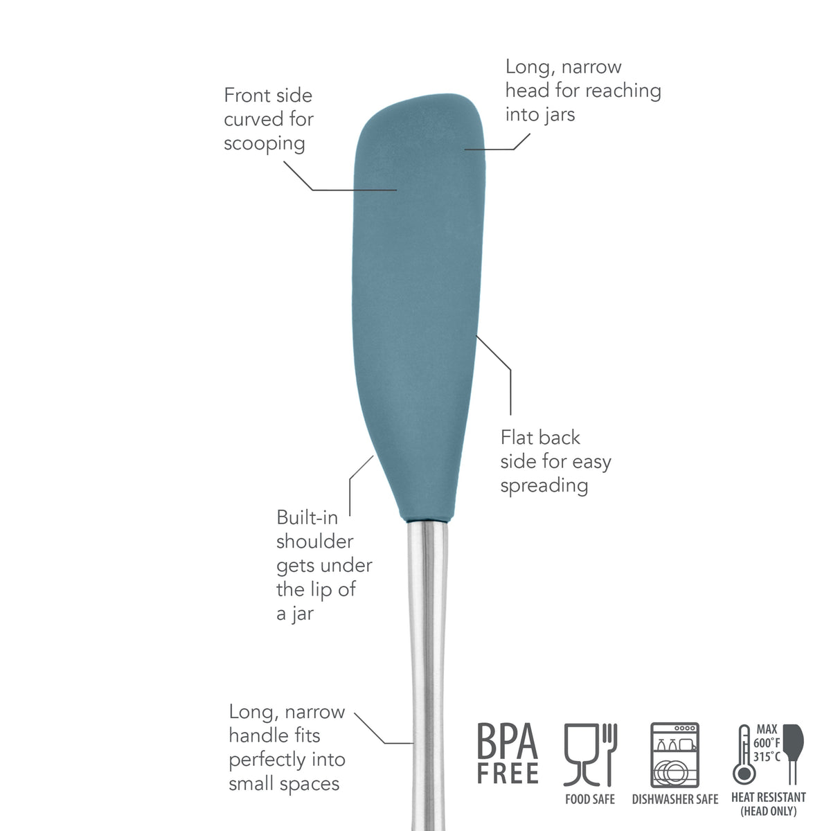 The tovolo Flex-Core Silicone Jar Scraper features a long, narrow head for jars, flat back for spreading, curved front for scooping, built-in shoulder, and long handle. It's BPA free, food safe, dishwasher safe, and heat resistant.