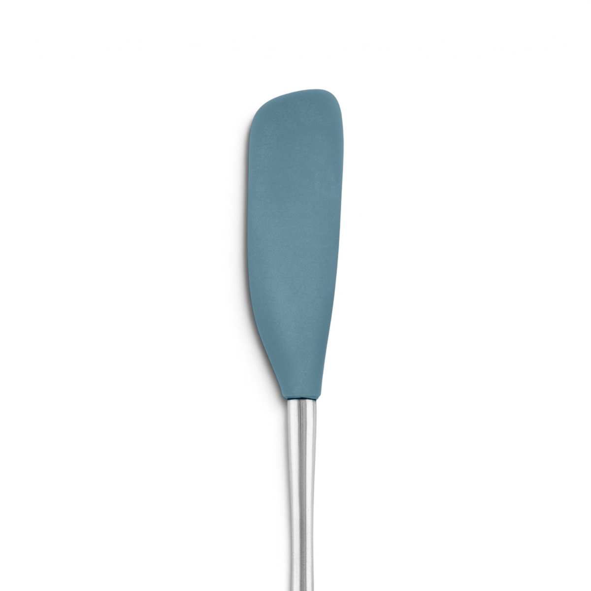 The tovolo Flex-Core Silicone Jar Scraper features a blue silicone head and stainless steel handle, perfect for scraping jars. Shown upright against a white background.