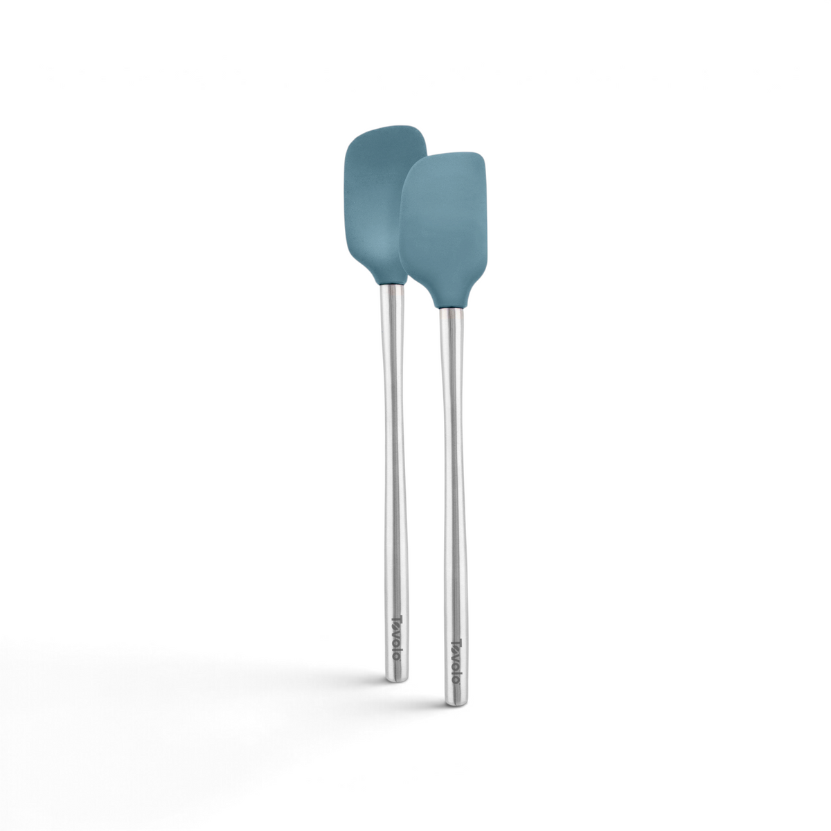 The tovolo Flex-Core Mini Spatula + Spoonula with Stainless Steel Handle features long handles and blue flexible heads, standing side by side against a white background.