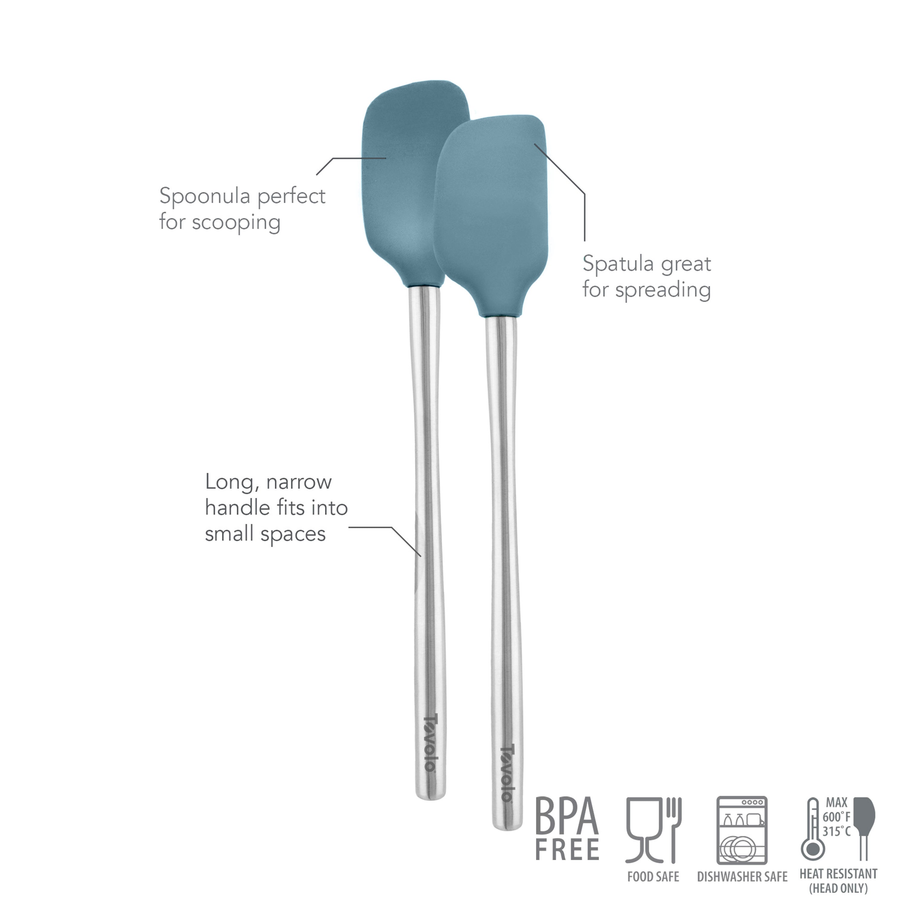 The tovolo Flex-Core Mini Spatula + Spoonula with Stainless Steel Handle set features teal silicone heads and long metal handles. Both BPA free, food safe, dishwasher safe, and heat resistant—ideal for spreading and scooping in the kitchen.