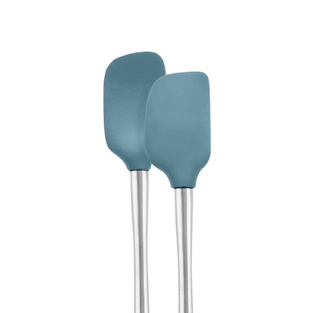 The tovolo Flex-Core Mini Spatula + Spoonula features blue silicone heads and stainless steel handles, shown standing upright side by side against a white background.