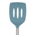 The tovolo Silicone and Stainless Steel Slotted Turner is shown against a white background, featuring three center slots and a nonstick-safe silicone head for easy cooking and cleanup.