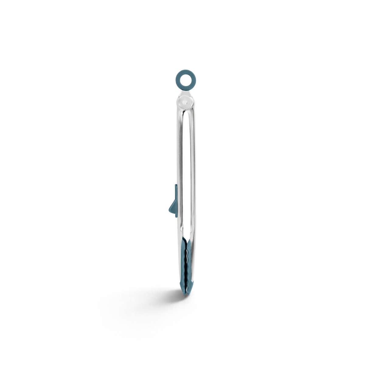 Tip Top Tongs are locking kitchen tongs with a stainless steel handle, blue silicone tips, and a blue hanging loop. Shown closed from the side against a white background.