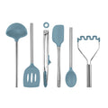 The tovolo Silicone and Stainless Steel Utensil Set of 6 features blue silicone heads, heat resistance, and includes a ladle, slotted spatula, tongs, spatula, spoon, and potato masher displayed on a white background.