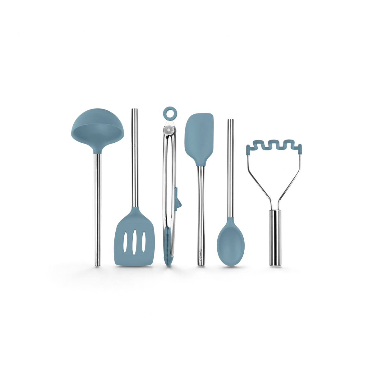 The tovolo Silicone and Stainless Steel Utensil Set of 6 features blue silicone heads, heat resistance, and includes a ladle, slotted spatula, tongs, spatula, spoon, and potato masher displayed on a white background.