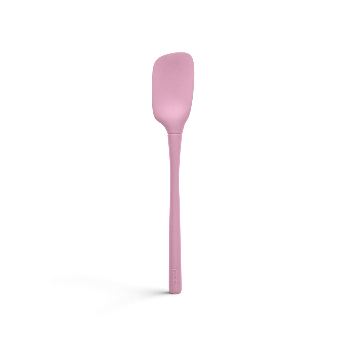 The tovolo Flex-Core Silicone Spoonula features a curved, rectangular head and a long handle in pink, displayed against a white background.