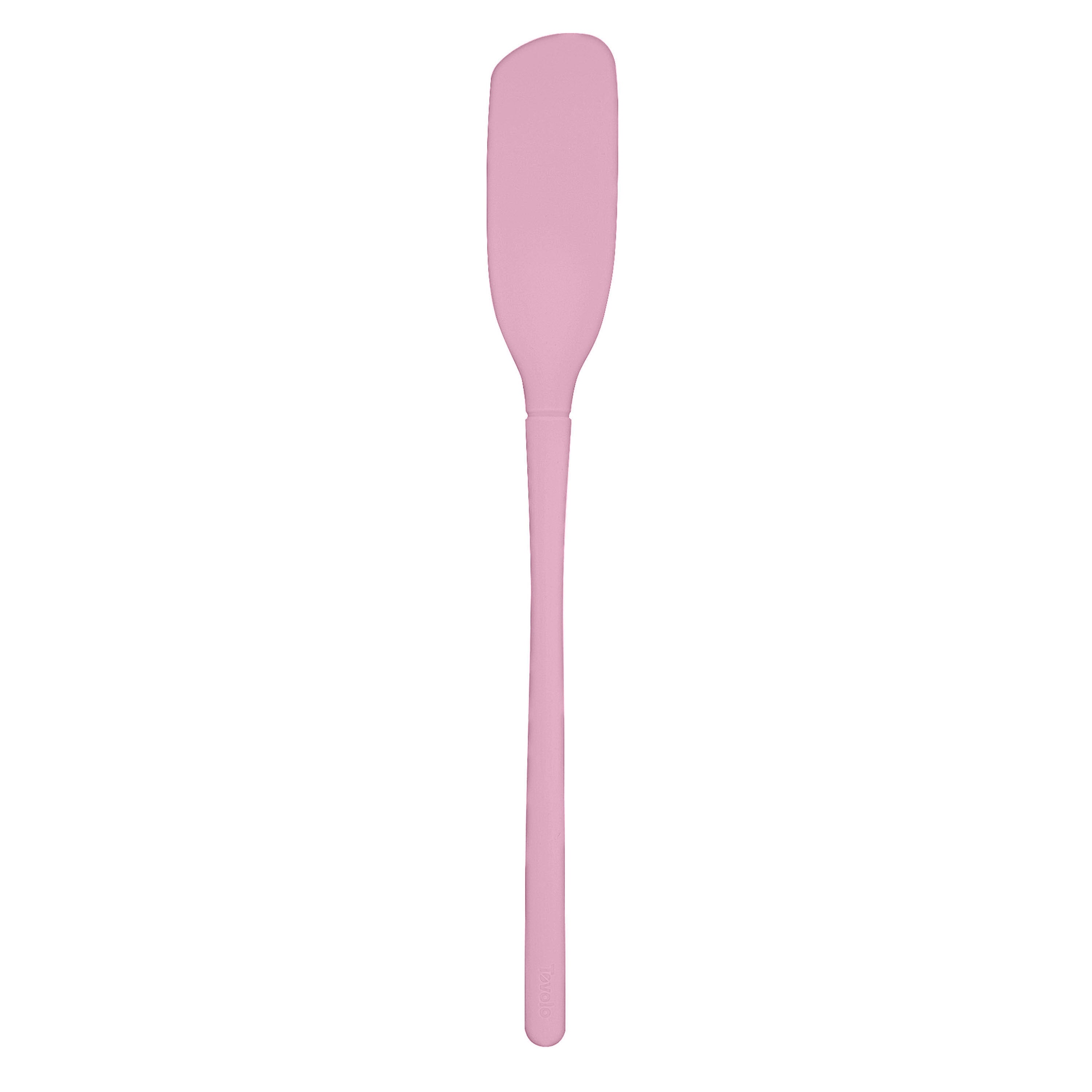 The tovolo Flex-Core Blender Spatula features a long handle and a pink, narrow, slightly curved silicone blade with a slim handle, displayed against a white background.