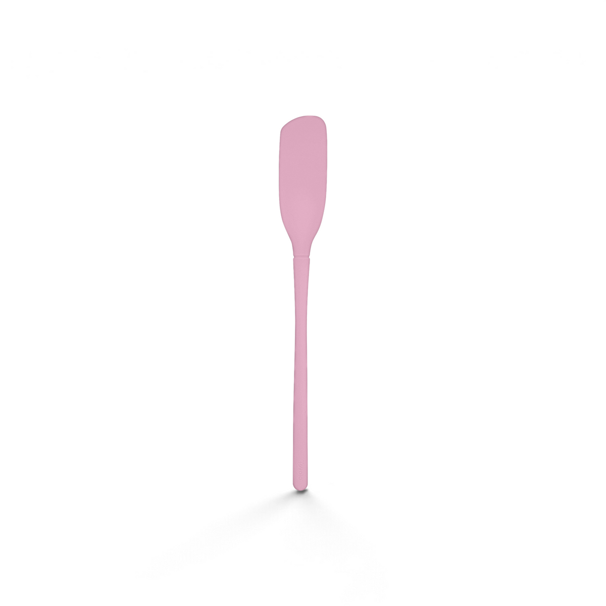 The tovolo Flex-Core Blender Spatula features a long handle and a pink, narrow, slightly curved silicone blade with a slim handle, displayed against a white background.