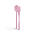 The tovolo Flex-Core Silicone Mini Spatula + Spoonula, both pink and heat-resistant, stand upright side by side against a white background.