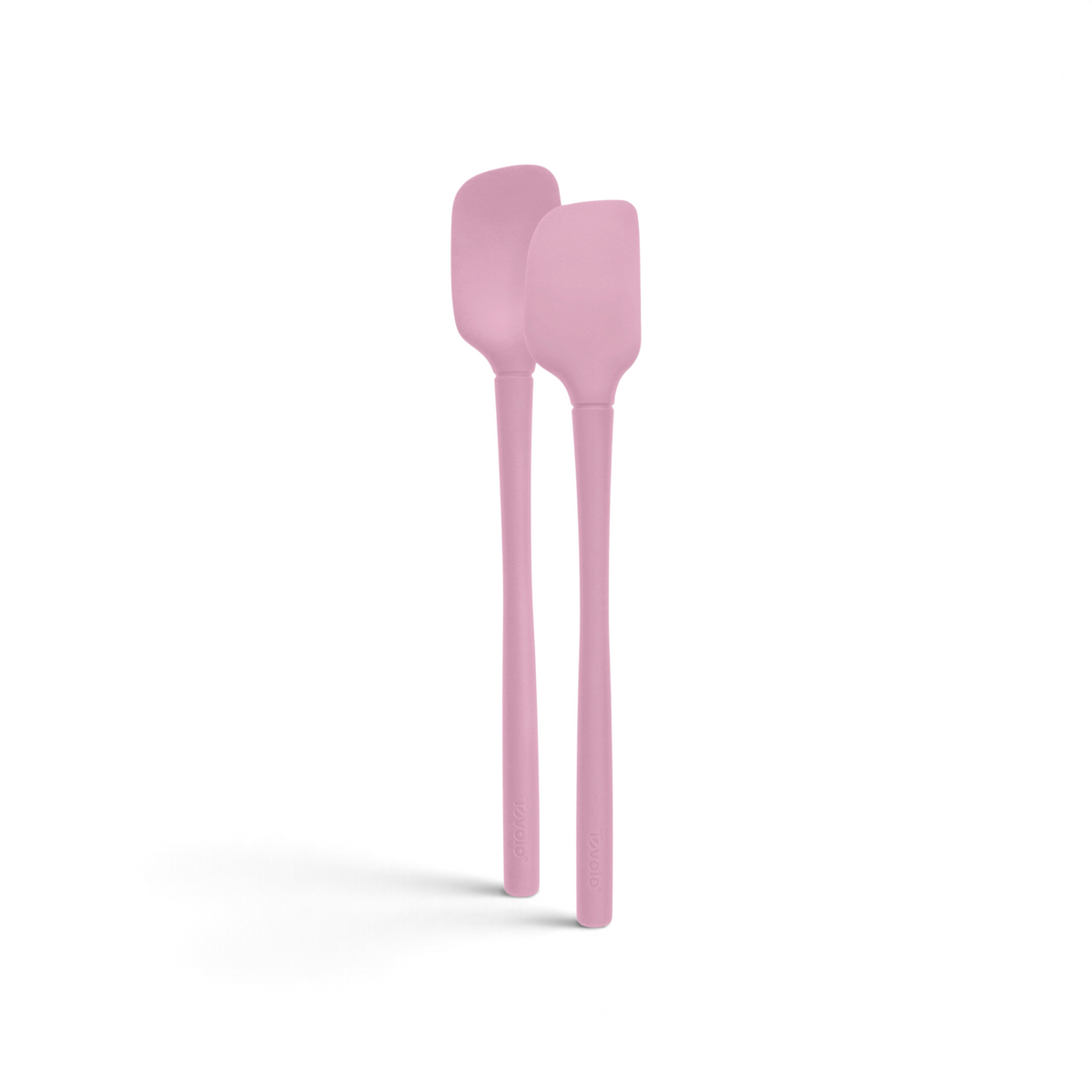 The tovolo Flex-Core Silicone Mini Spatula + Spoonula, both pink and heat-resistant, stand upright side by side against a white background.