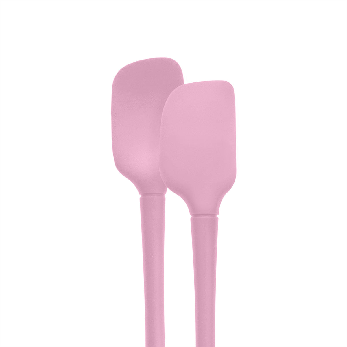 The tovolo Flex-Core Silicone Mini Spatula and Spoonula, both pink and heat-resistant, stand upright side by side against a white background.