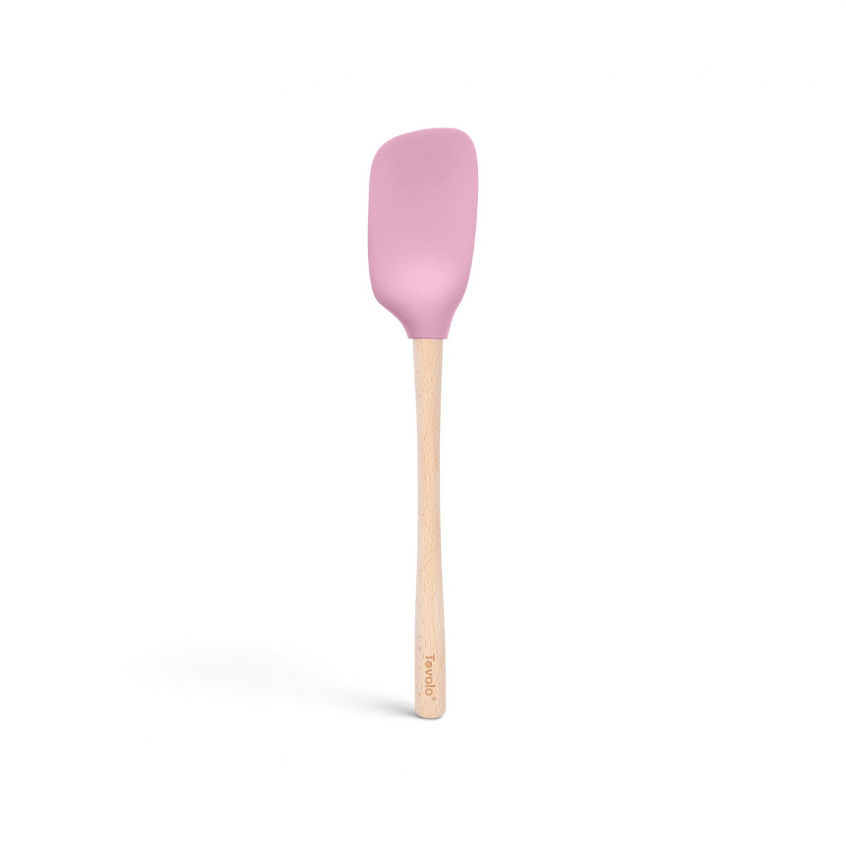 A pink Flex-Core Silicone Spoonula by tovolo, featuring a light wooden handle with the brand name engraved near the end, is displayed against a white background.