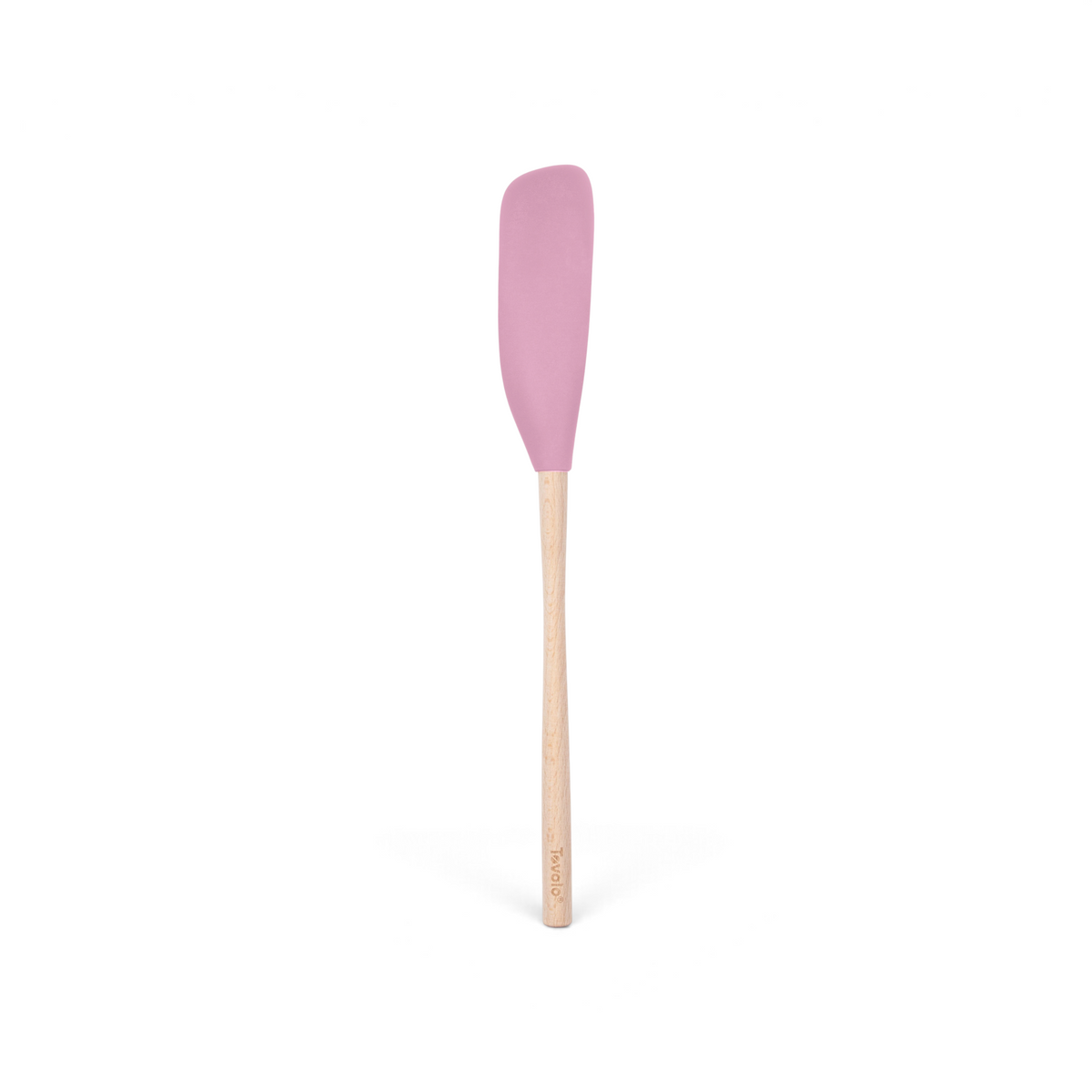 The tovolo Flex-Core Silicone Jar Scraper features a pink silicone head and a long, light wooden handle—perfect for scraping jars and versatile for all your kitchen needs, as shown on a white background.