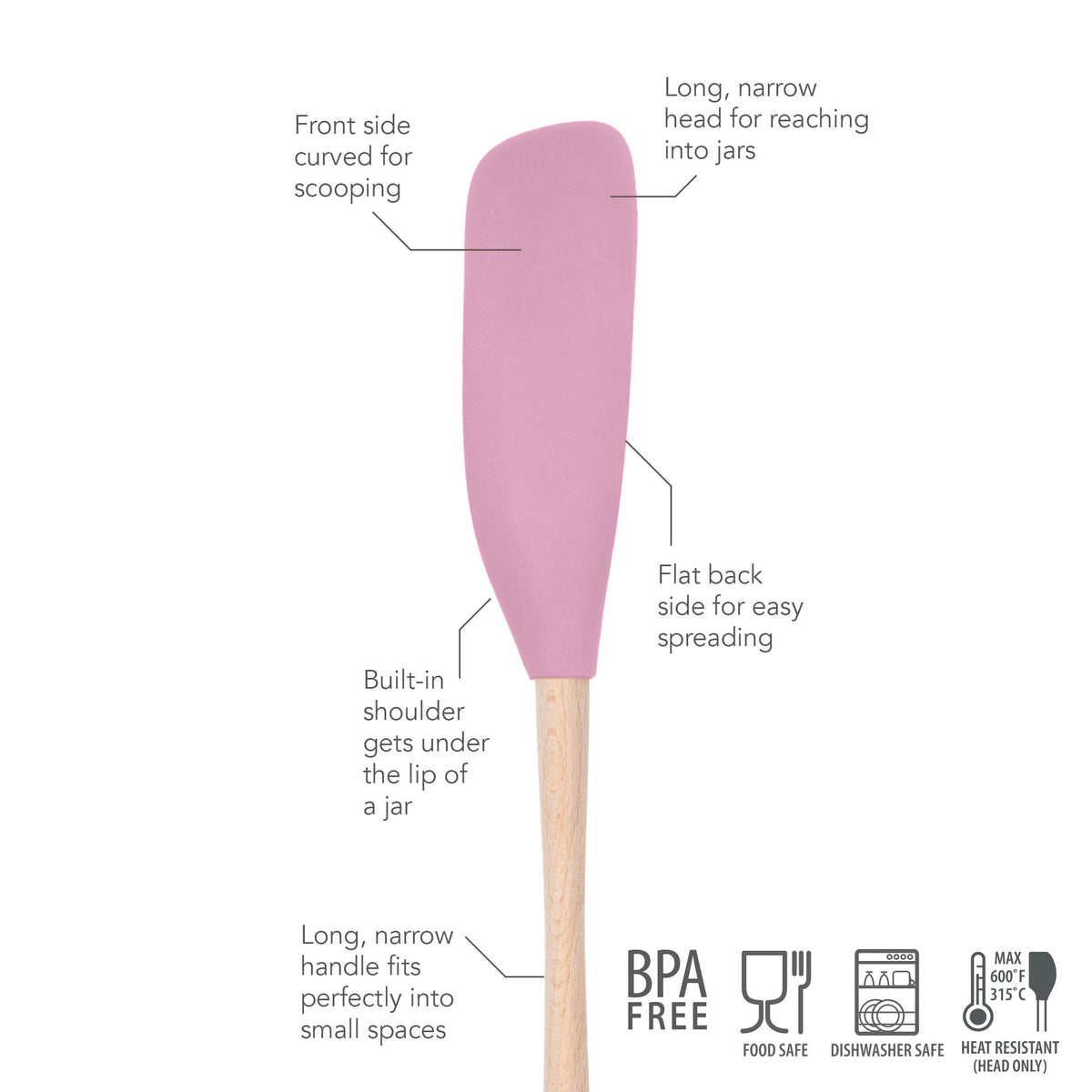 The tovolo Flex-Core Silicone Jar Scraper features a pink silicone head with a wooden handle, curved front, flat back, built-in jar scraper shoulder; it's BPA free, food and dishwasher safe, and heat resistant up to 315°C—an essential kitchen tool.