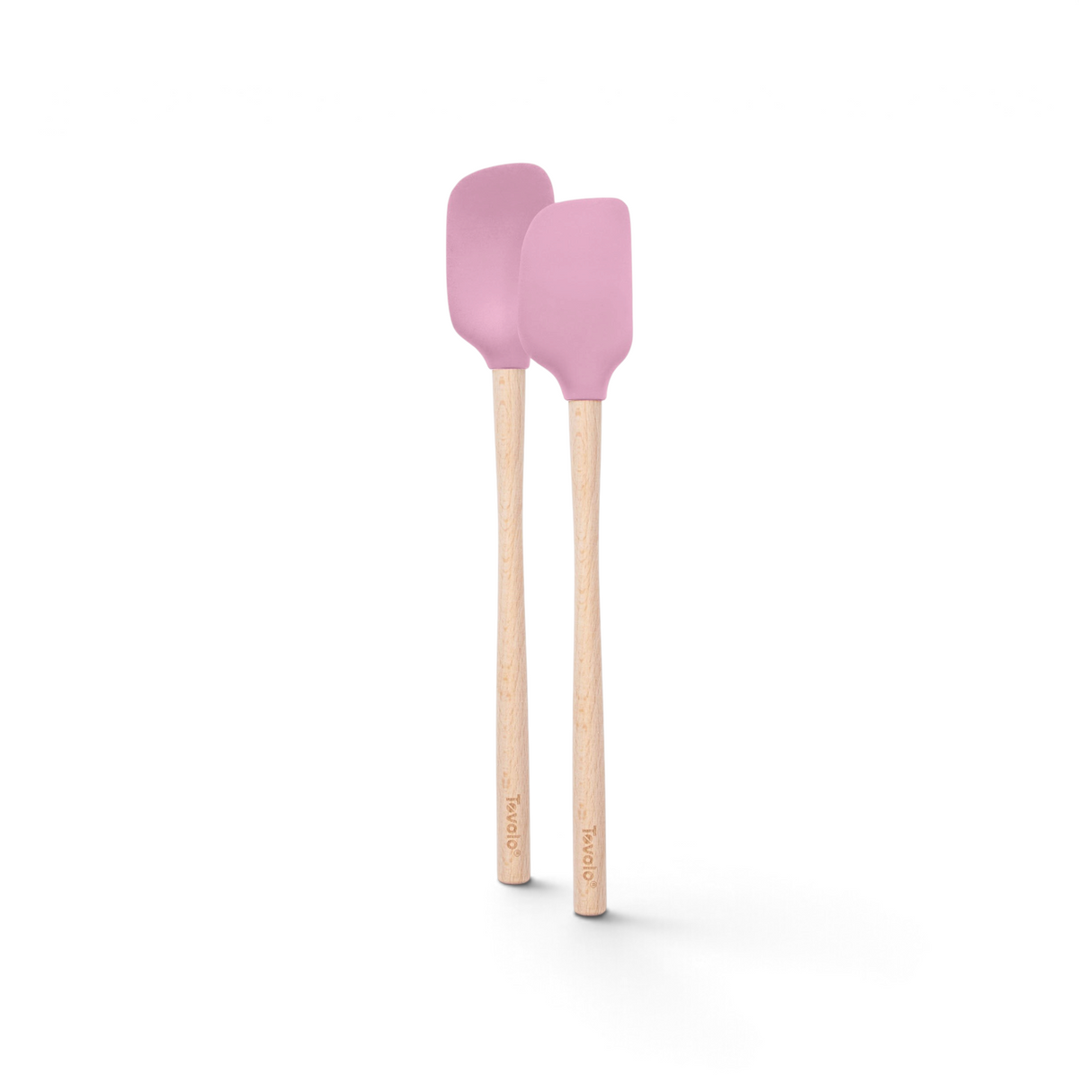 Two pink tovolo Flex-Core Silicone Mini Spatula + Spoonula utensils with light wooden handles stand side by side on a white background, each featuring a durable, heat-resistant silicone design.