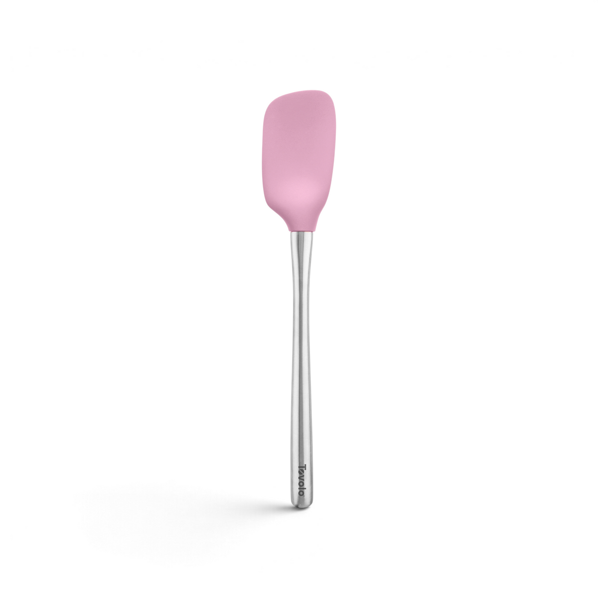 The tovolo Flex-Core Silicone Spoonula features a pink silicone blade and a sleek silver metal handle, shown against a white background.