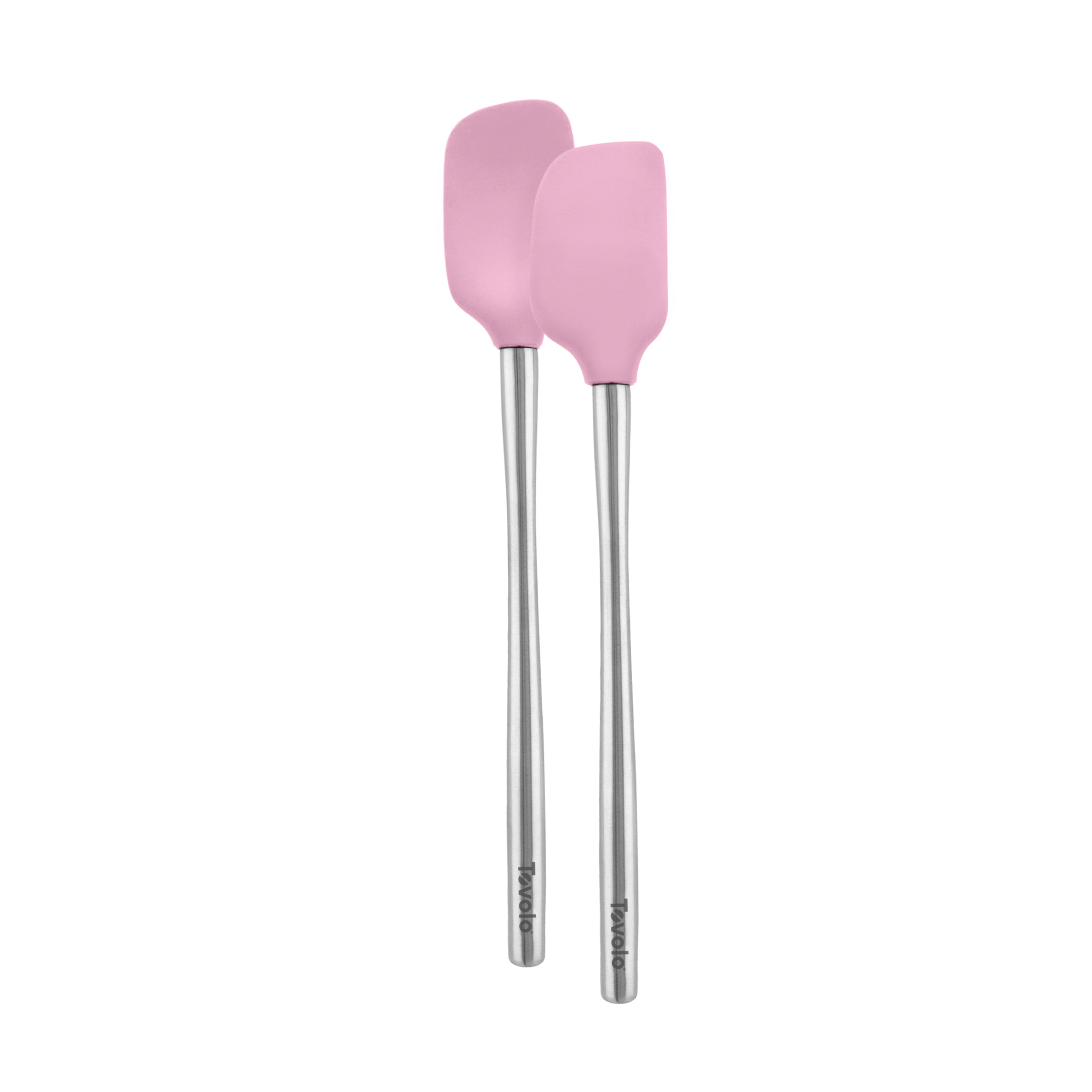 The tovolo Flex-Core Silicone Mini Spatula + Spoonula, both with heat-resistant pink silicone heads and long stainless steel handles, are displayed side by side against a white background.