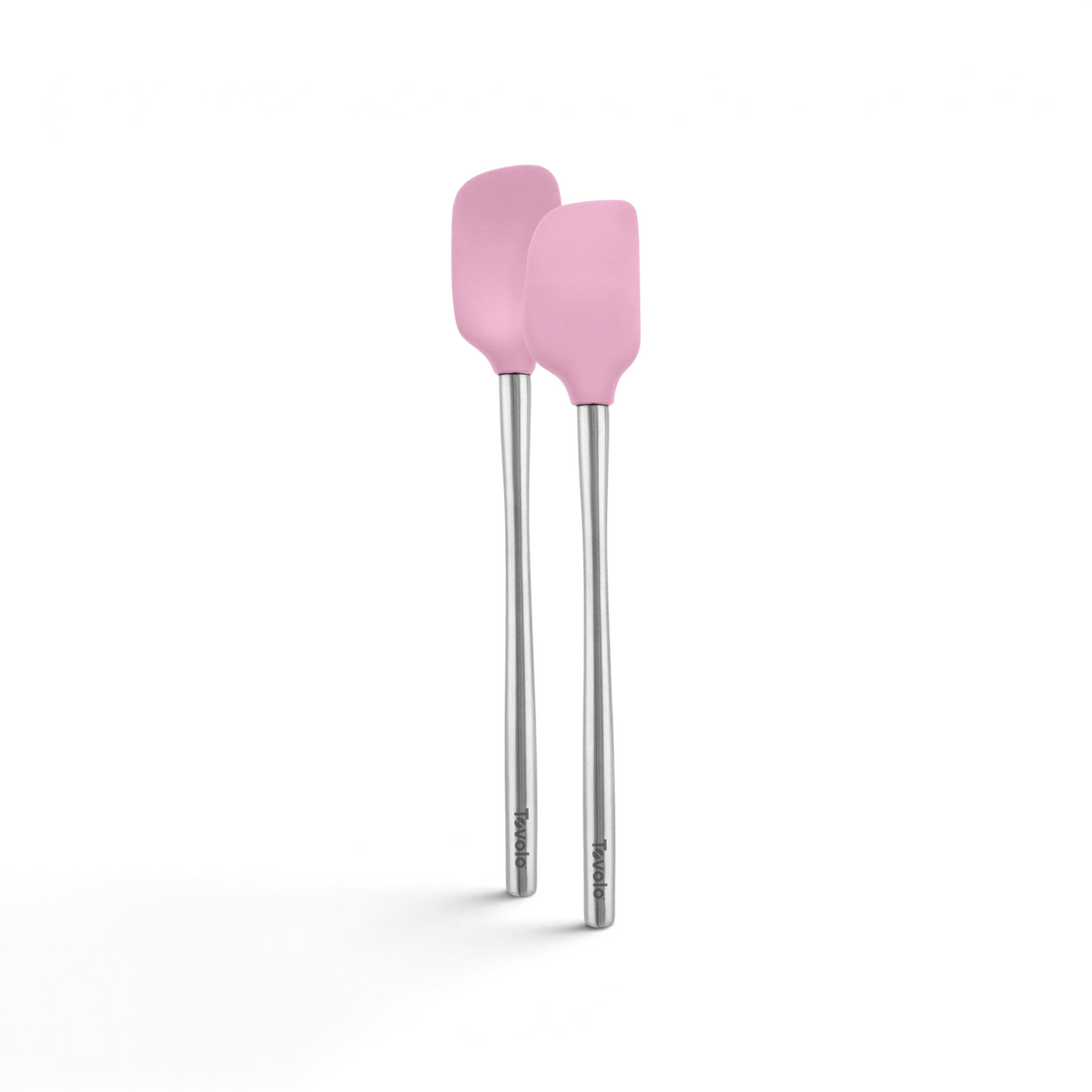The tovolo Flex-Core Silicone Mini Spatula + Spoonula, both with heat-resistant pink silicone heads and long stainless steel handles, are displayed side by side against a white background.
