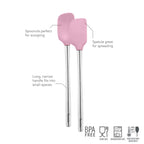 The tovolo Flex-Core Mini Spatula + Spoonula with Stainless Steel Handles are pink BPA-free, food-safe silicone kitchen tools, heat resistant to 315°C and dishwasher safe—ideal for everyday scooping and spreading.