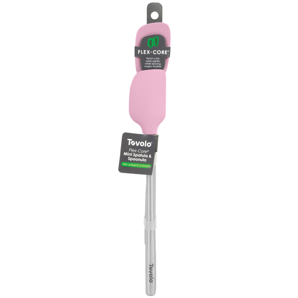 The tovolo Flex-Core Mini Spatula + Spoonula with Stainless Steel Handle is shown in pink, packaged together against a white background.