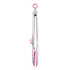 Tip Top Tongs feature pink silicone tips, a stainless steel handle with a locking ring for easy storage, and combine style and practicality. Shown standing upright against a white background.