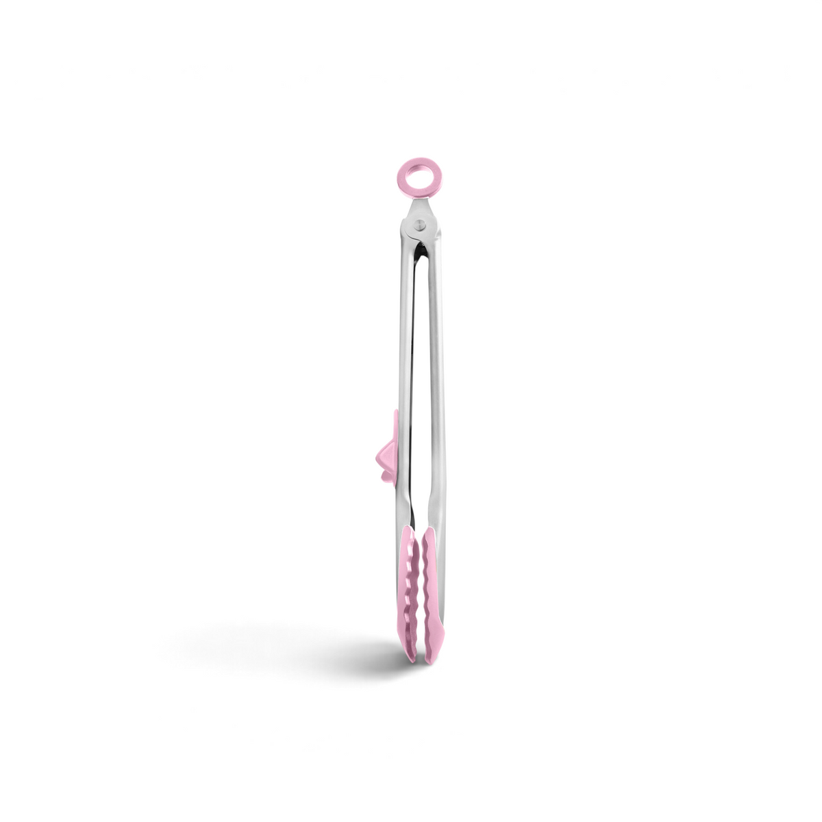 Tip Top Tongs feature pink silicone tips, a stainless steel handle with a locking ring for easy storage, and combine style and practicality. Shown standing upright against a white background.