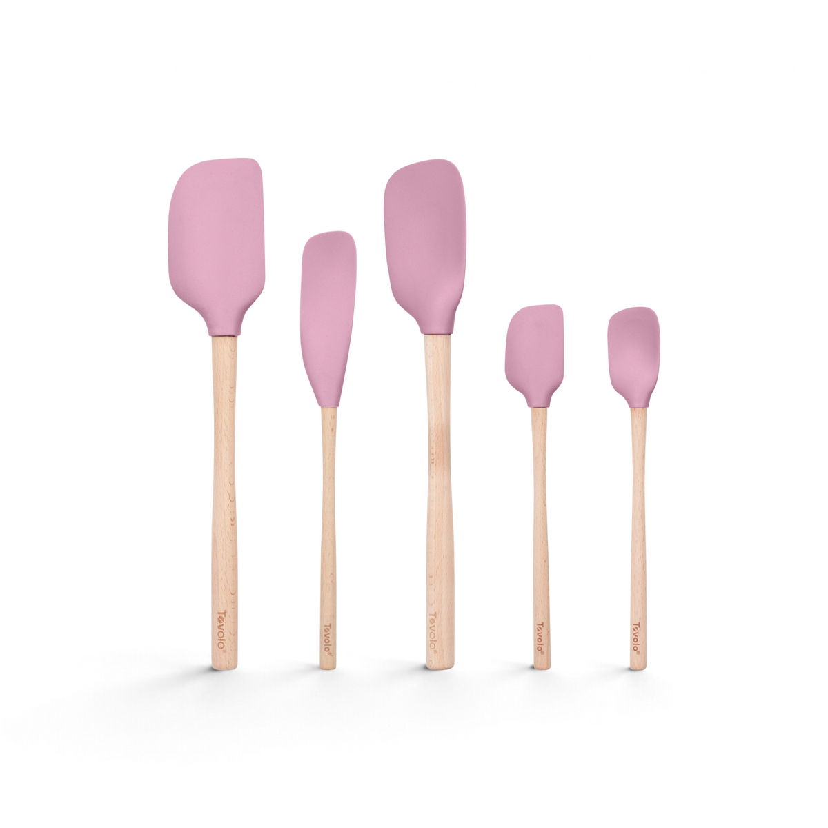 The Flex-Core Wood-Handle Spatula Set of 5 includes pink silicone spatulas with light wooden handles, shown lined up from largest to smallest on a white background.