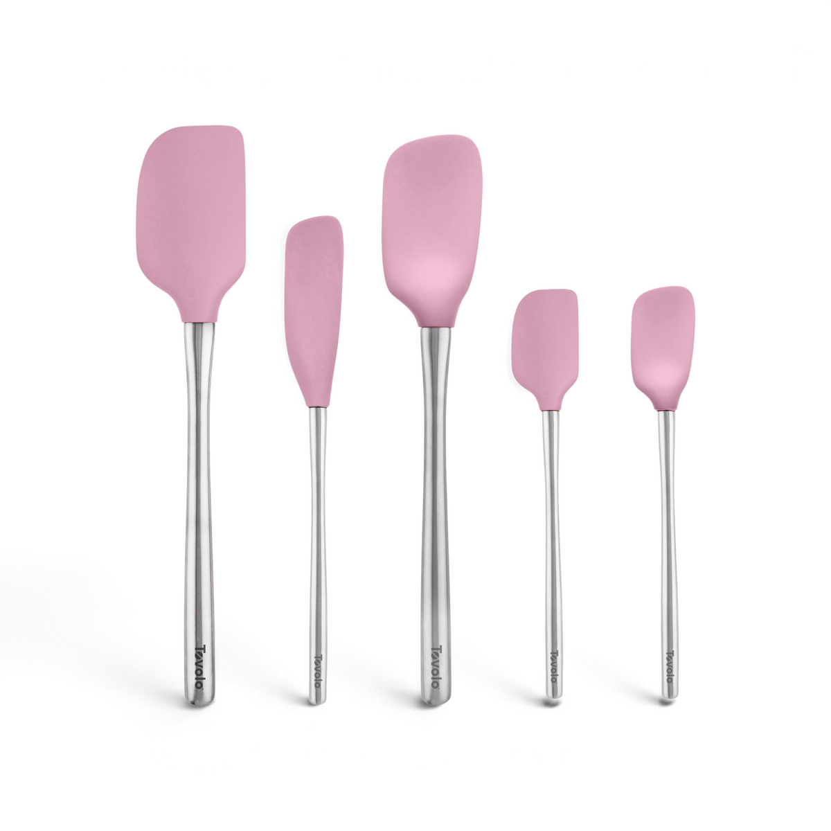The Flex-Core All-Silicone Spatula Set of 5 features pink spatulas with silver handles in various sizes and shapes, including a Classic Spatula and Jar Scraper, displayed upright in a row on a white background.