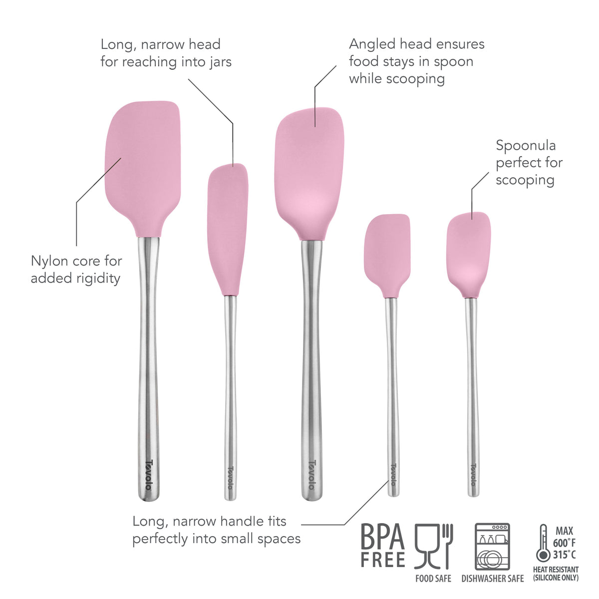 The Flex-Core All-Silicone Spatula Set of 5 features classic and jar scraper designs, angled and long heads, all BPA-free, food safe, dishwasher safe, heat resistant, and includes stainless steel handles.