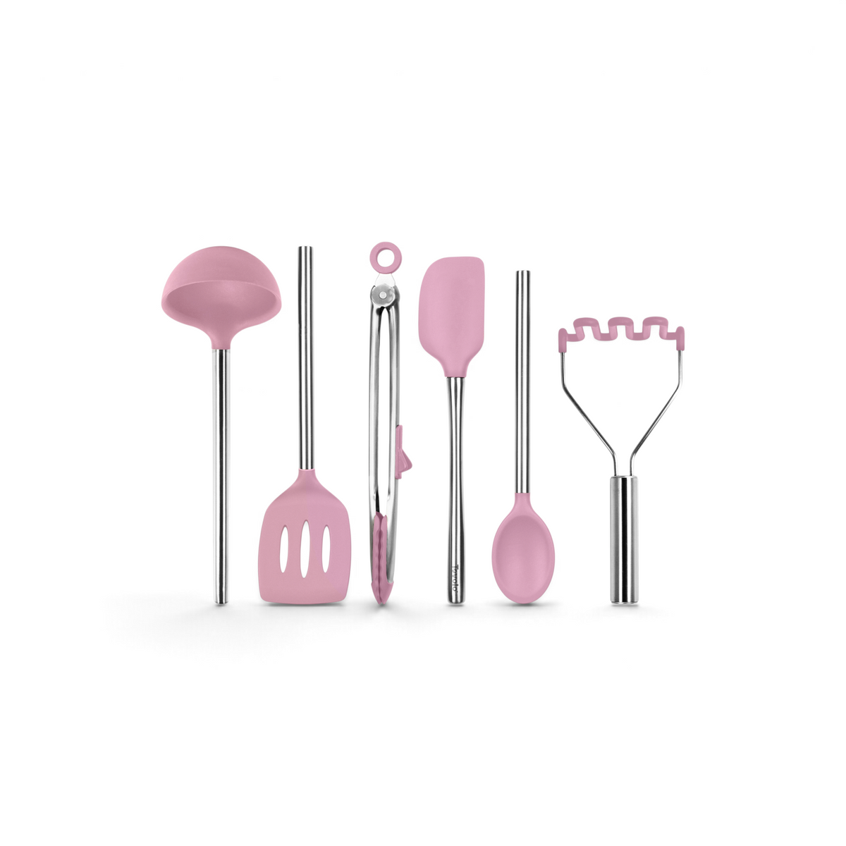 The tovolo Silicone and Stainless Steel Utensil Set of 6 includes a ladle, slotted turner, tongs, spatula, spoon, and potato masher—heat resistant pink silicone heads with silver handles are perfect non-scratch tools for your kitchen.