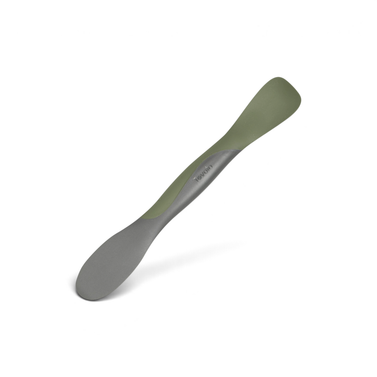 The Scoop and Spread is a double-ended kitchen tool in gray and olive green, shown on a white background. With a broad, flat end for scooping and spreading and a narrower opposite end, it’s the perfect helper for bakers.