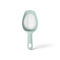 The Scoop and Sift is a light green handheld kitchen strainer with a mesh center and solid handle featuring a hanging hole—ideal as a small sieve for sifting flour.