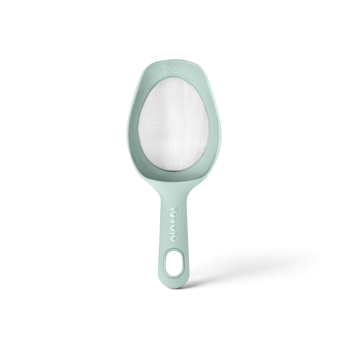 The Scoop and Sift is a light green handheld kitchen strainer with a mesh center and solid handle featuring a hanging hole—ideal as a small sieve for sifting flour.