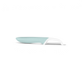The Precision Straight Peeler features a light blue and white design, a curved ergonomic handle, and a horizontal stainless steel blade, shown in side profile on a white background.
