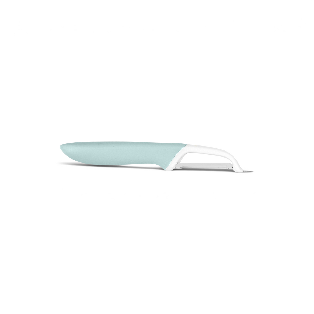 The Precision Straight Peeler features a light blue and white design, a curved ergonomic handle, and a horizontal stainless steel blade, shown in side profile on a white background.