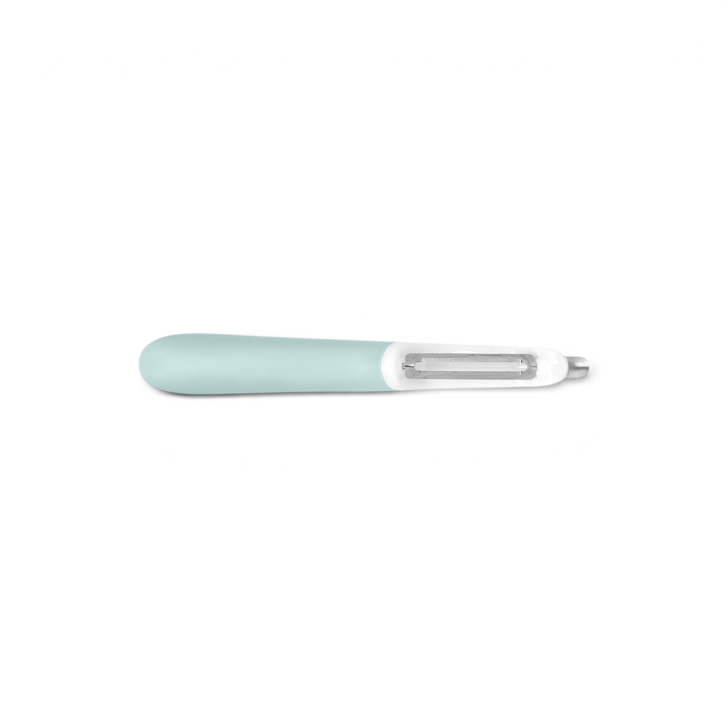 The Precision Straight Peeler features a light blue handle and a sharp stainless steel blade, shown against a white background.