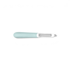 The Precision Straight Peeler features a light blue handle and a sharp stainless steel blade, shown against a white background.